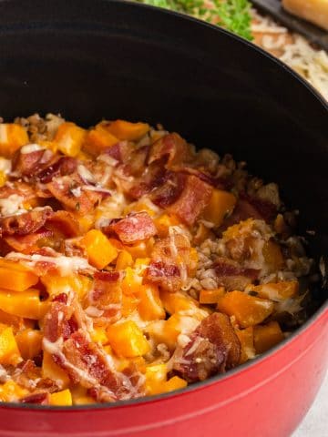 Casserole dish with butternut squash and farro