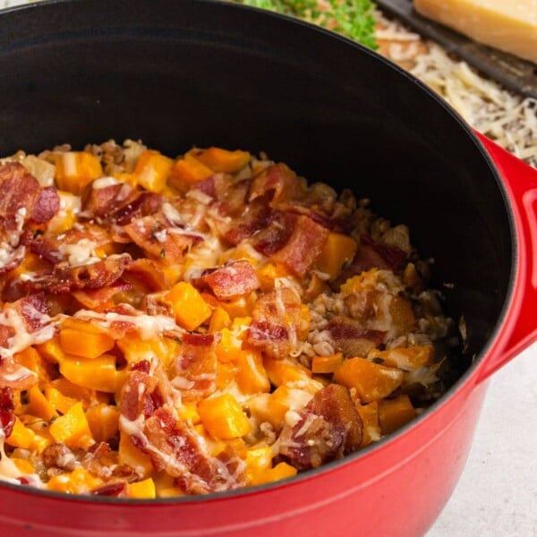 Casserole dish with butternut squash and farro