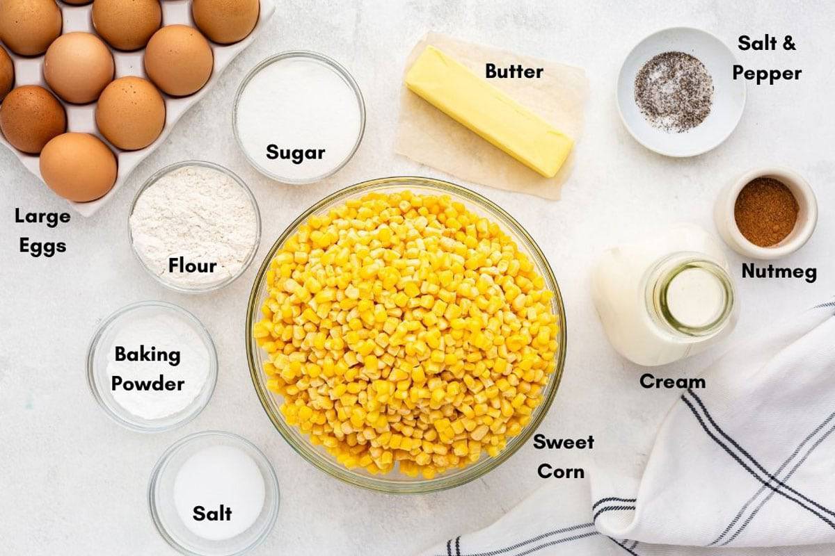 A bowl of sweet corn and other ingredients for corn pudding