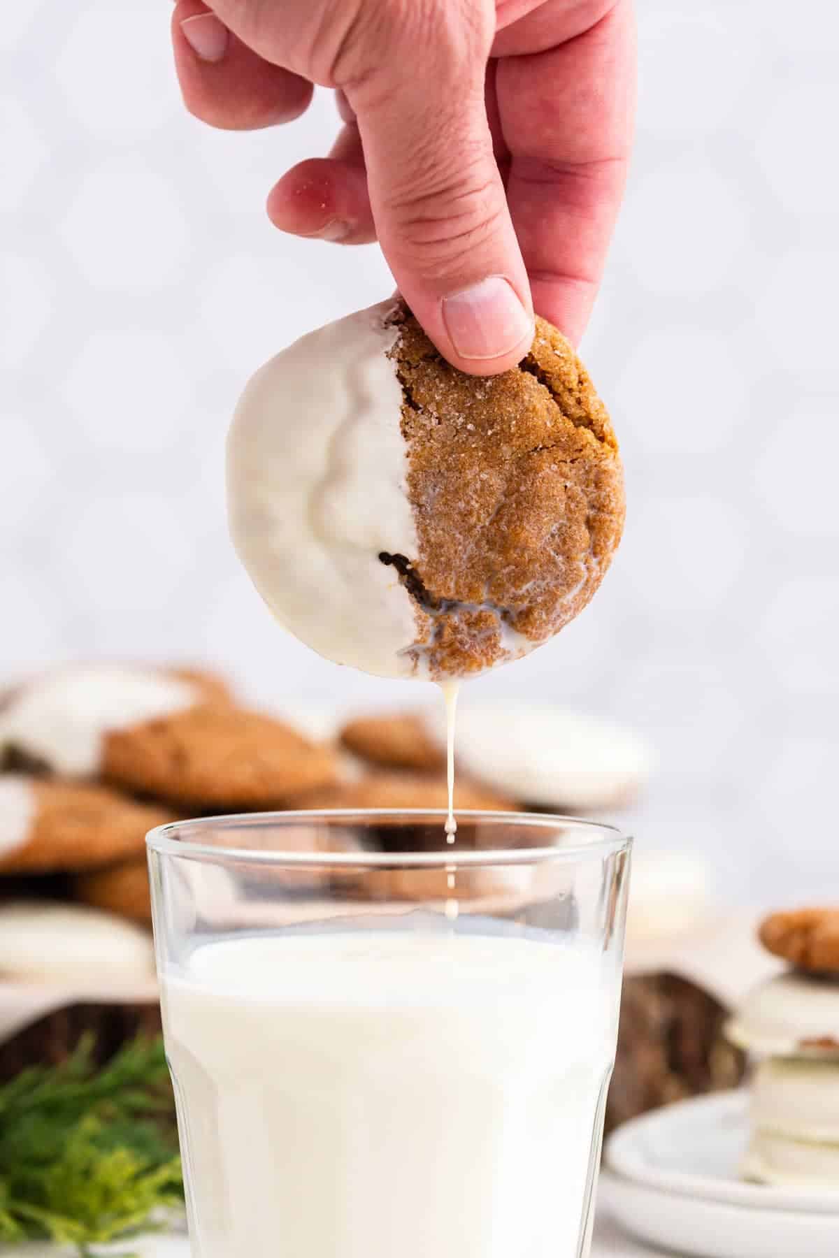 A cookie being dunked in a glass of milk