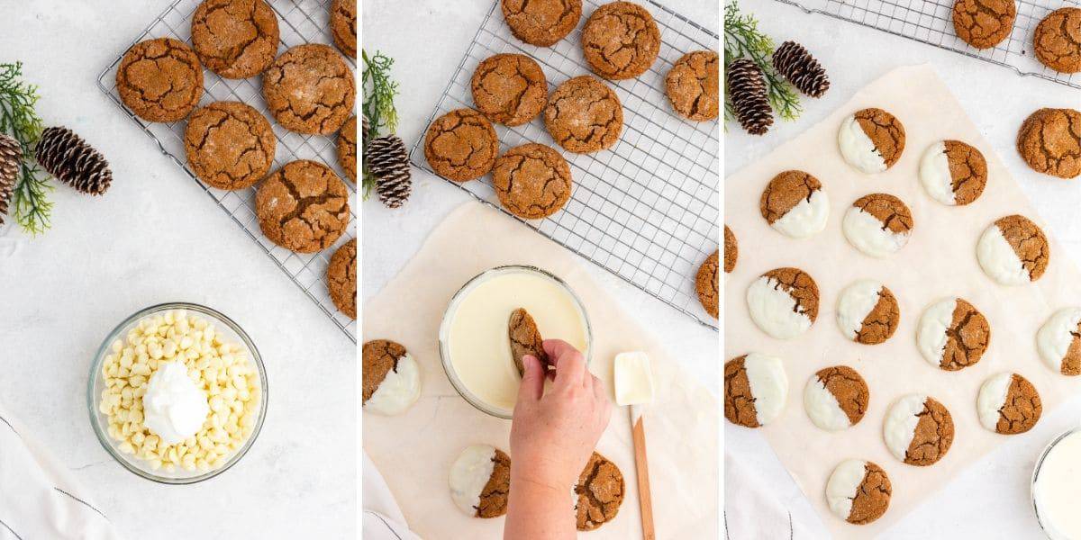 Dipping cookies in white chocolate to make frosted ginger cookies