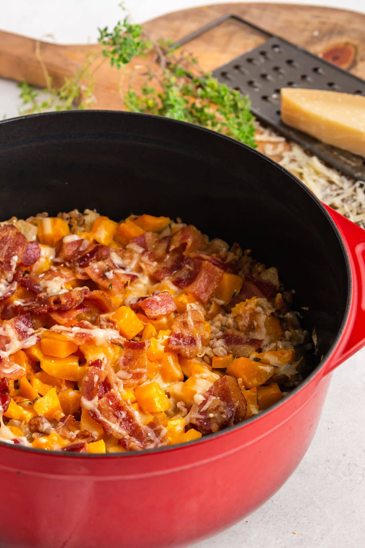 Baked farro casserole A casserole with bacon on top of it