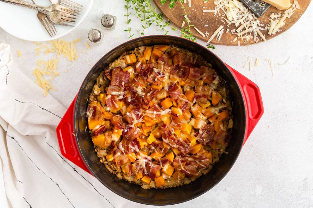 Farro caserole baked in a Dutch oven A baked casserole in a Dutch oven