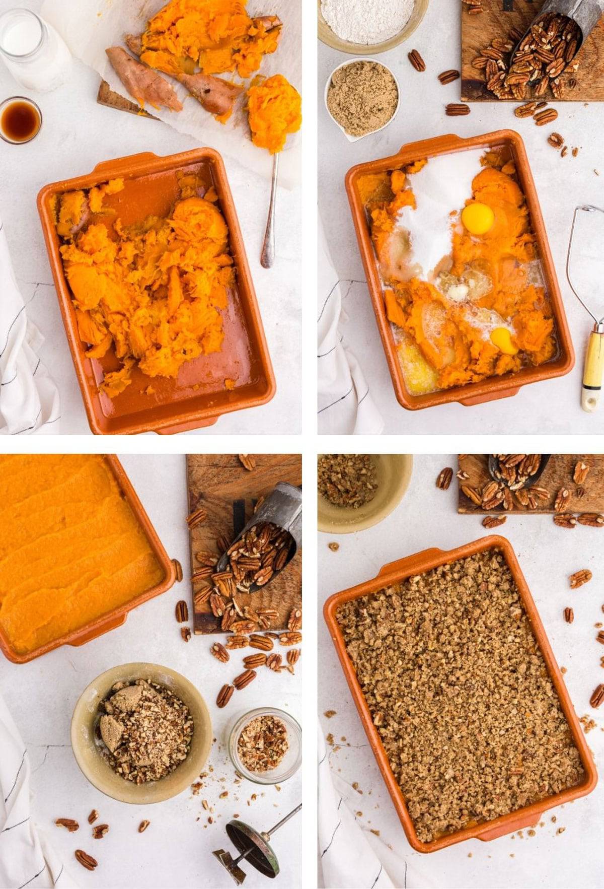 Different steps to making a sweet potato casserole