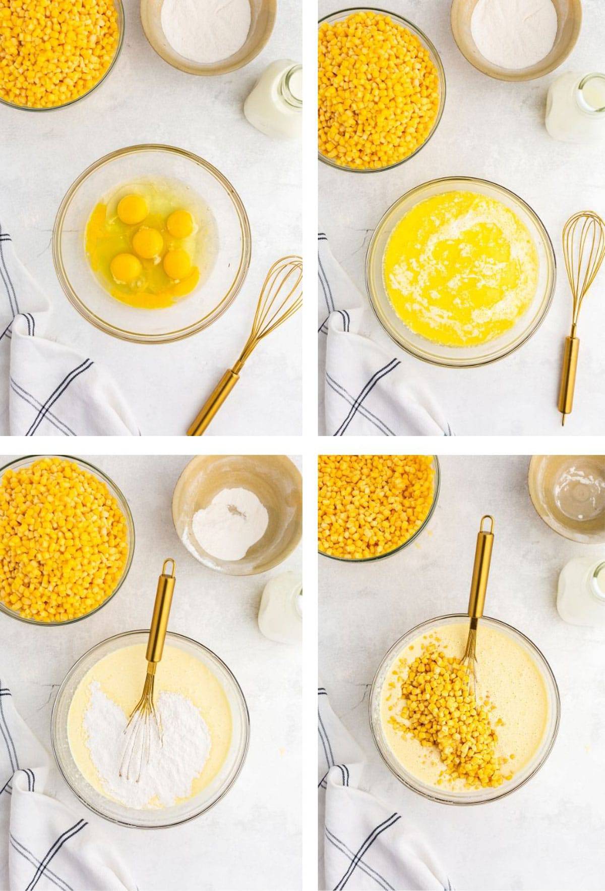How to make corn pudding Eggs and corn in a mixing bowl