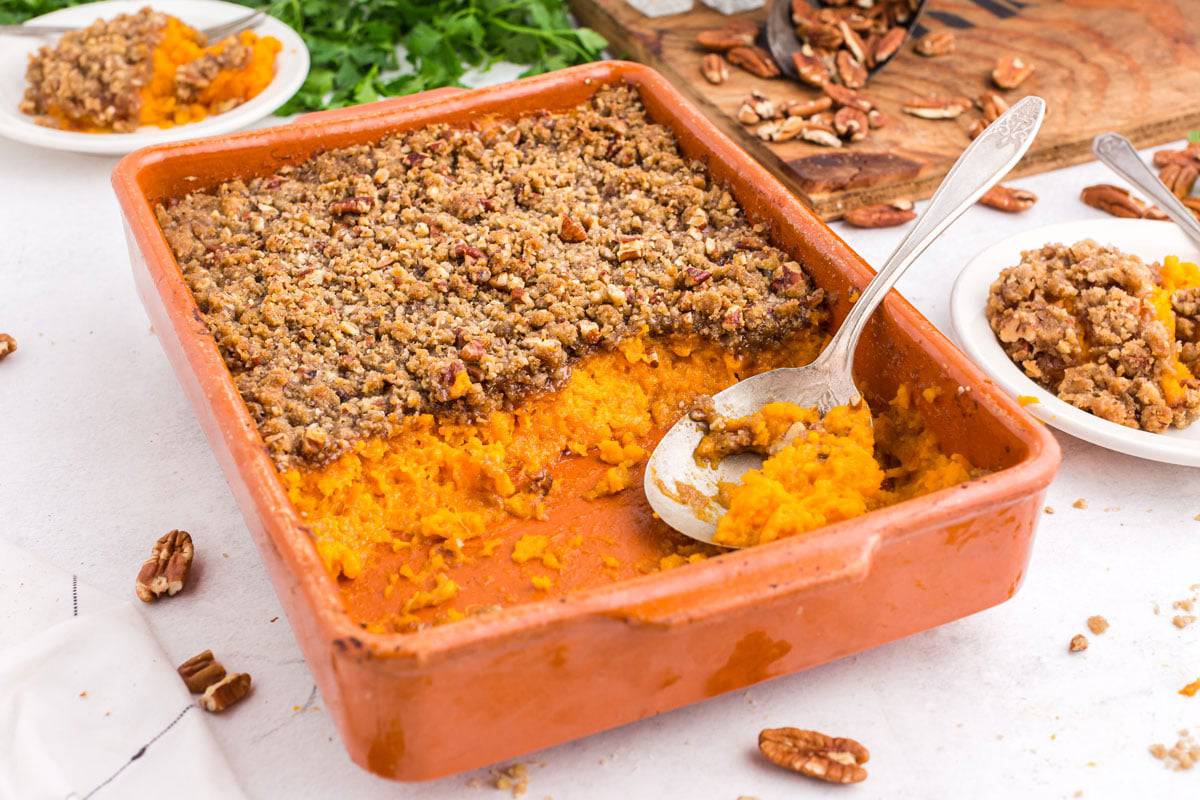 Sweet potato souffle A pan of sweet potato casserole