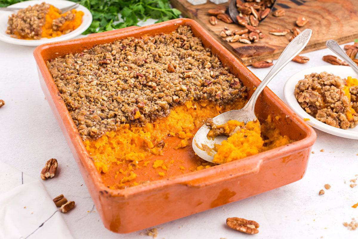 A pan of sweet potato casserole