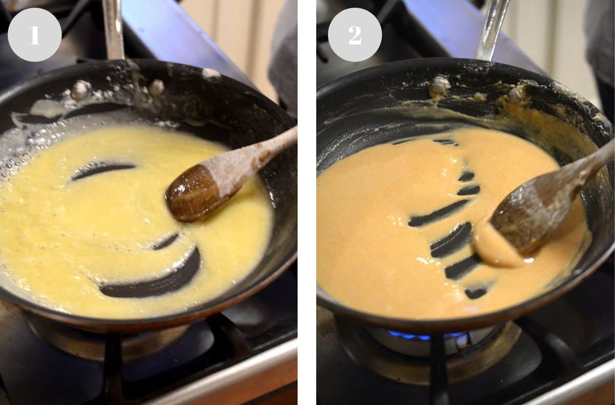 Cooking a roux Stirring a light roux in one pan and a dark roux in another pan.