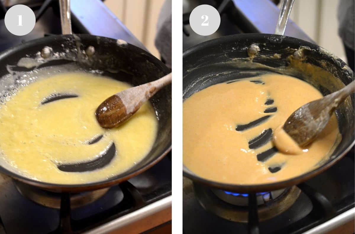 Stirring a light roux in one pan and a dark roux in another pan.