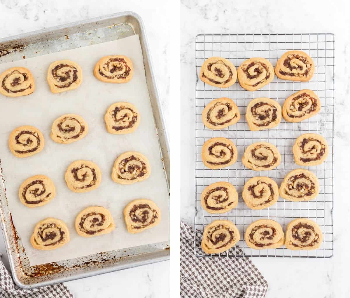 Baking date pinwheel cookies A batch of pinwheel cookies on a baking sheet and on a cooling track