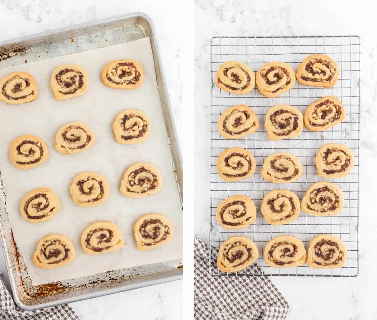 A batch of pinwheel cookies on a baking sheet and on a cooling track