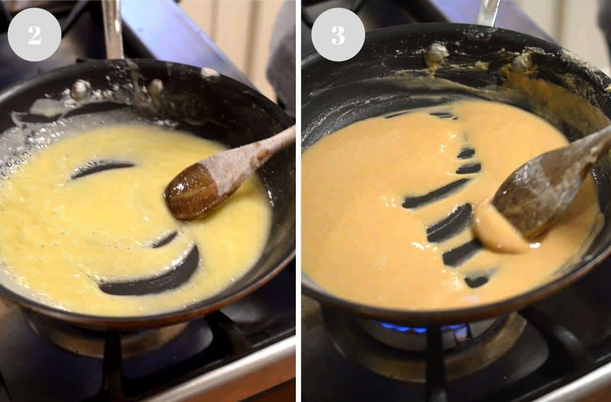 Stirring a roux from a light color to a darker one.