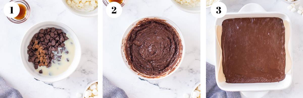 Mixing chocolate ingredients and putting them in a square baking dish.