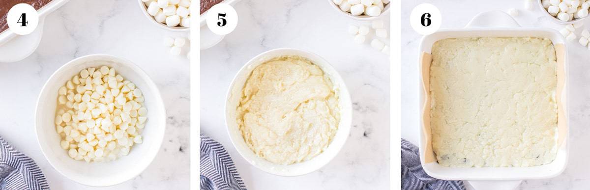 Mixing white ingredients and putting them into a square baking dish.