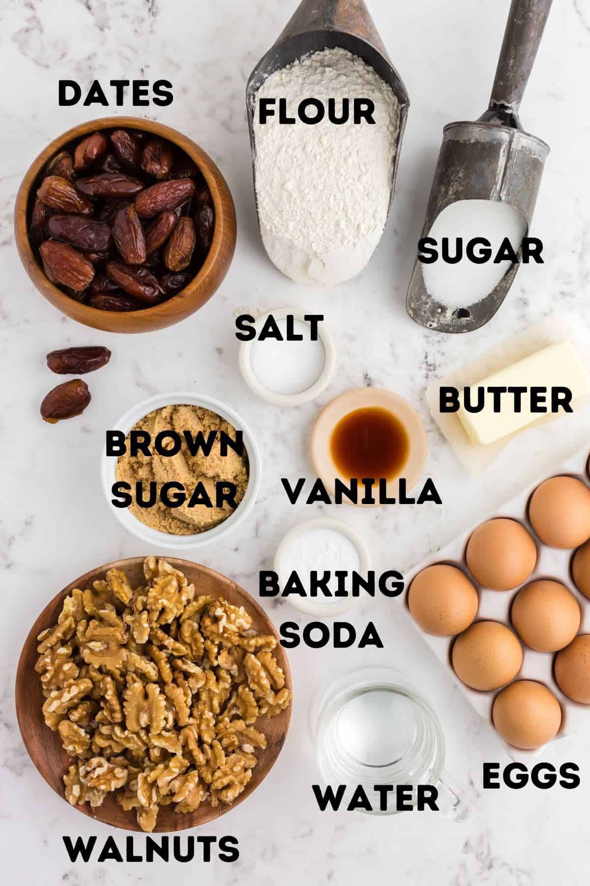 Ingredients for pinwheel cookies Flour, dates, sugar, and other cookie ingredients