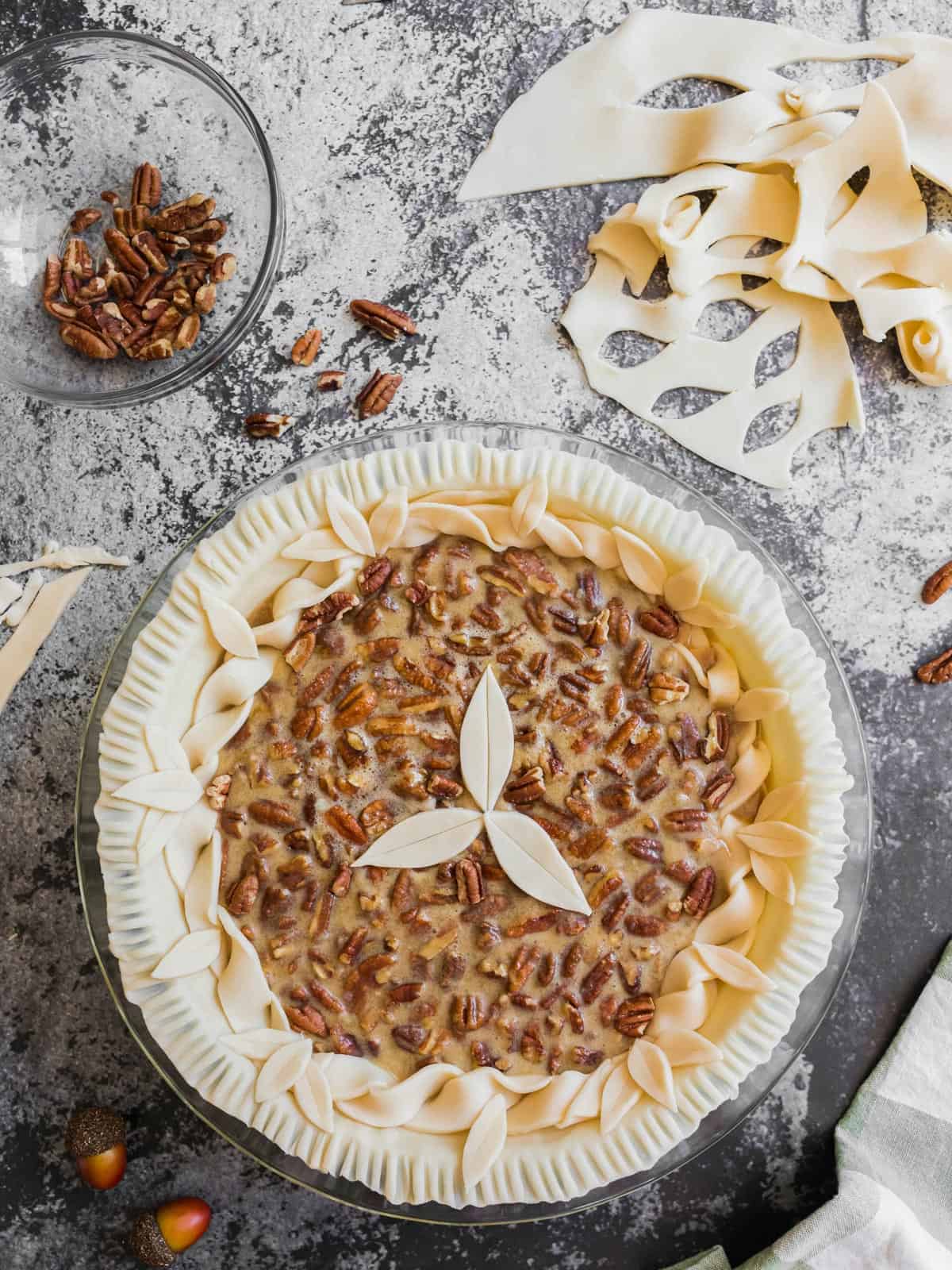 Decorating a homemade pecan pie