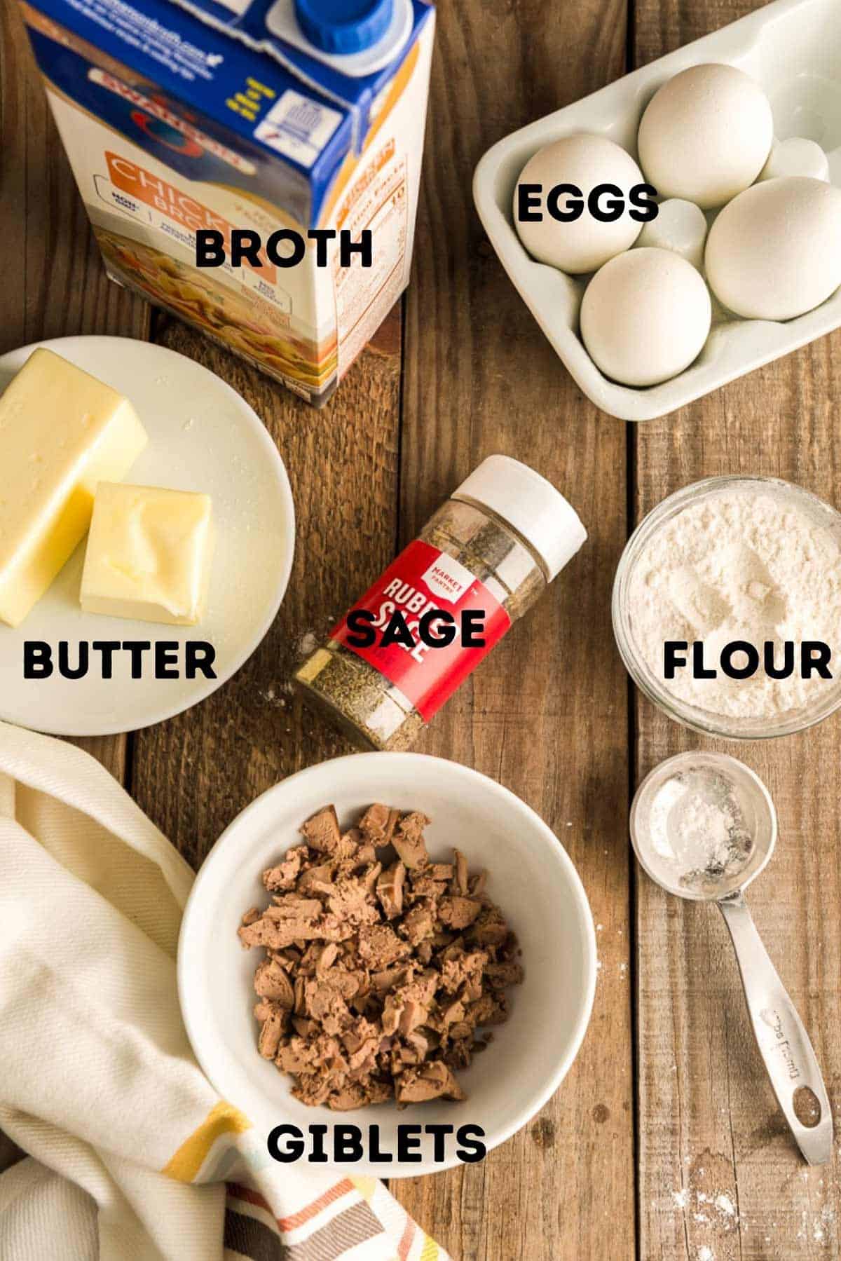 Ingredients for making giblet gravy Giblets, sage, eggs, and other ingredients to make gravy.