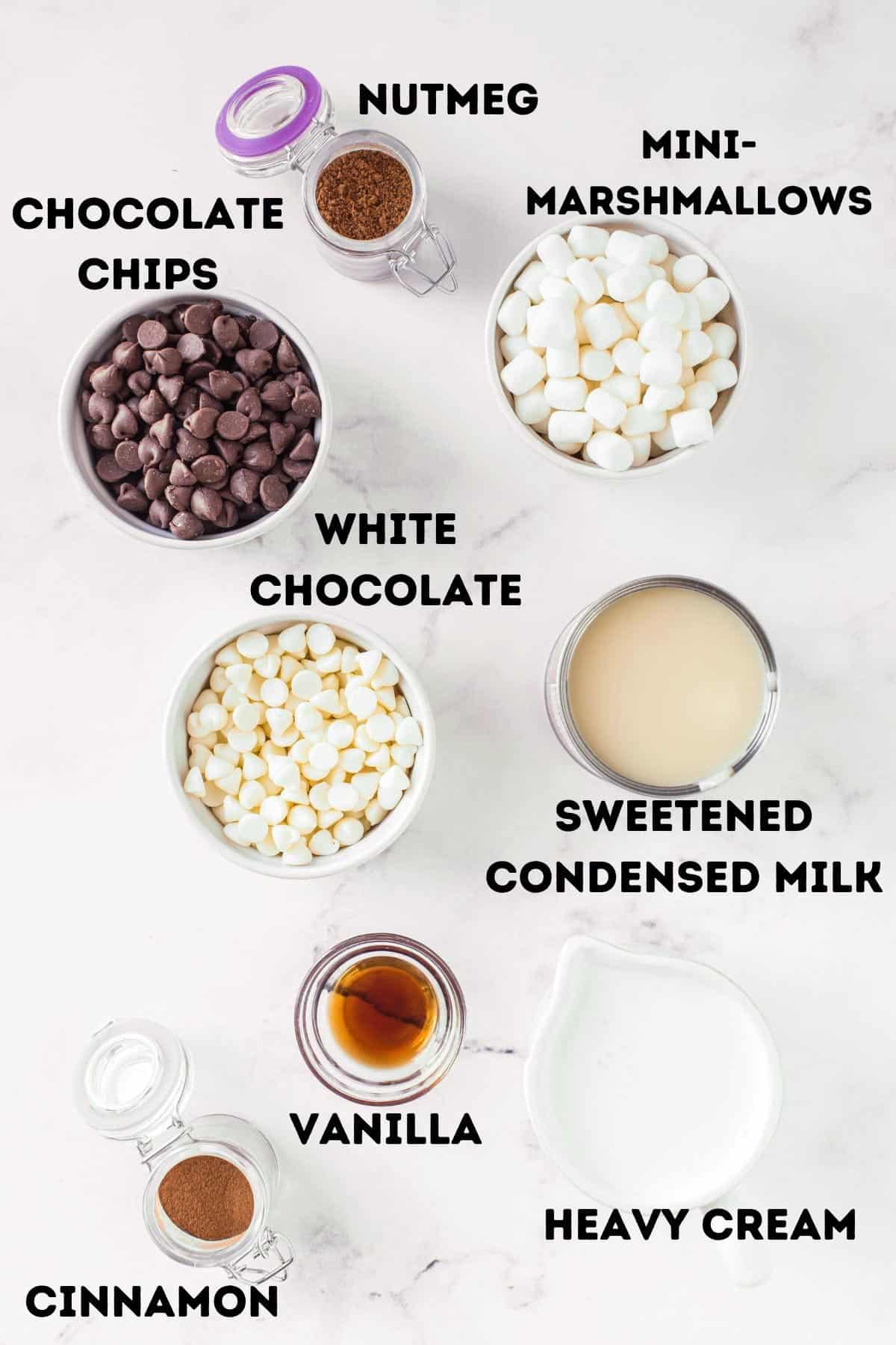 A cup of mini marshmallows and chocolate chips and other ingredients.