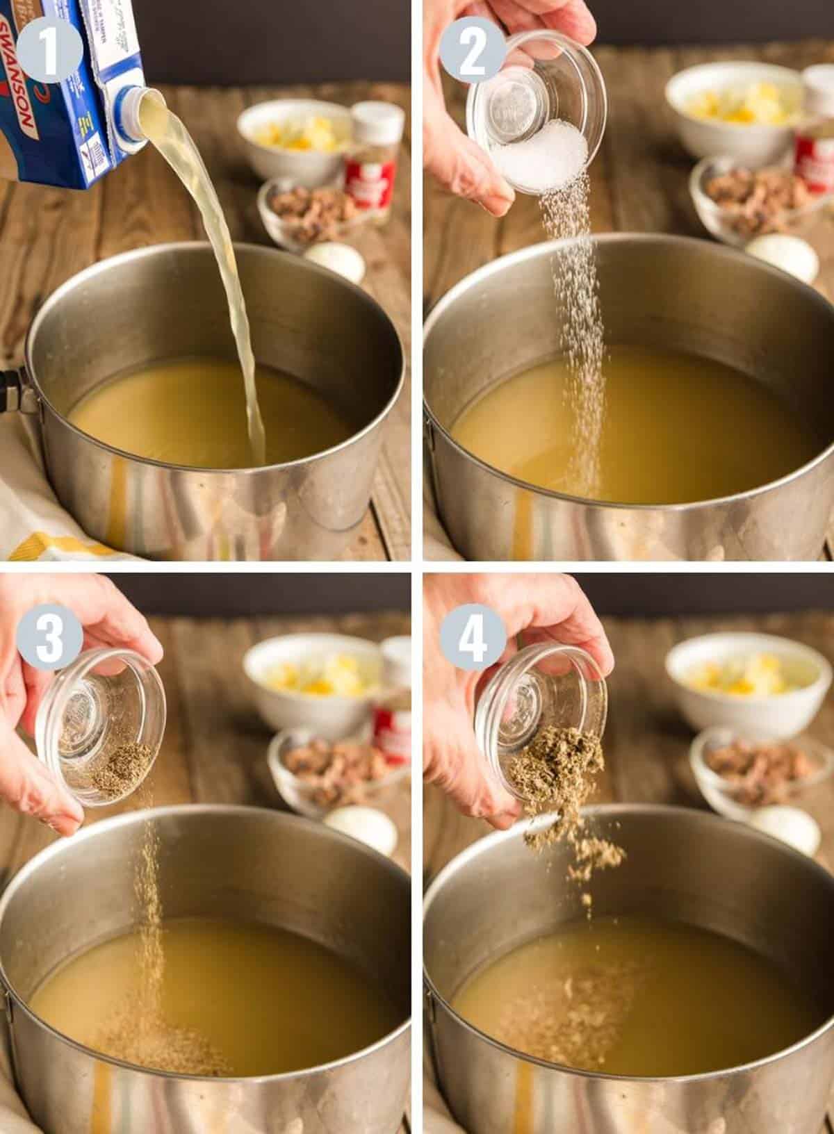 how to make giblet gravy. Pouring broth and other ingredients into a pan to make giblet gravy.