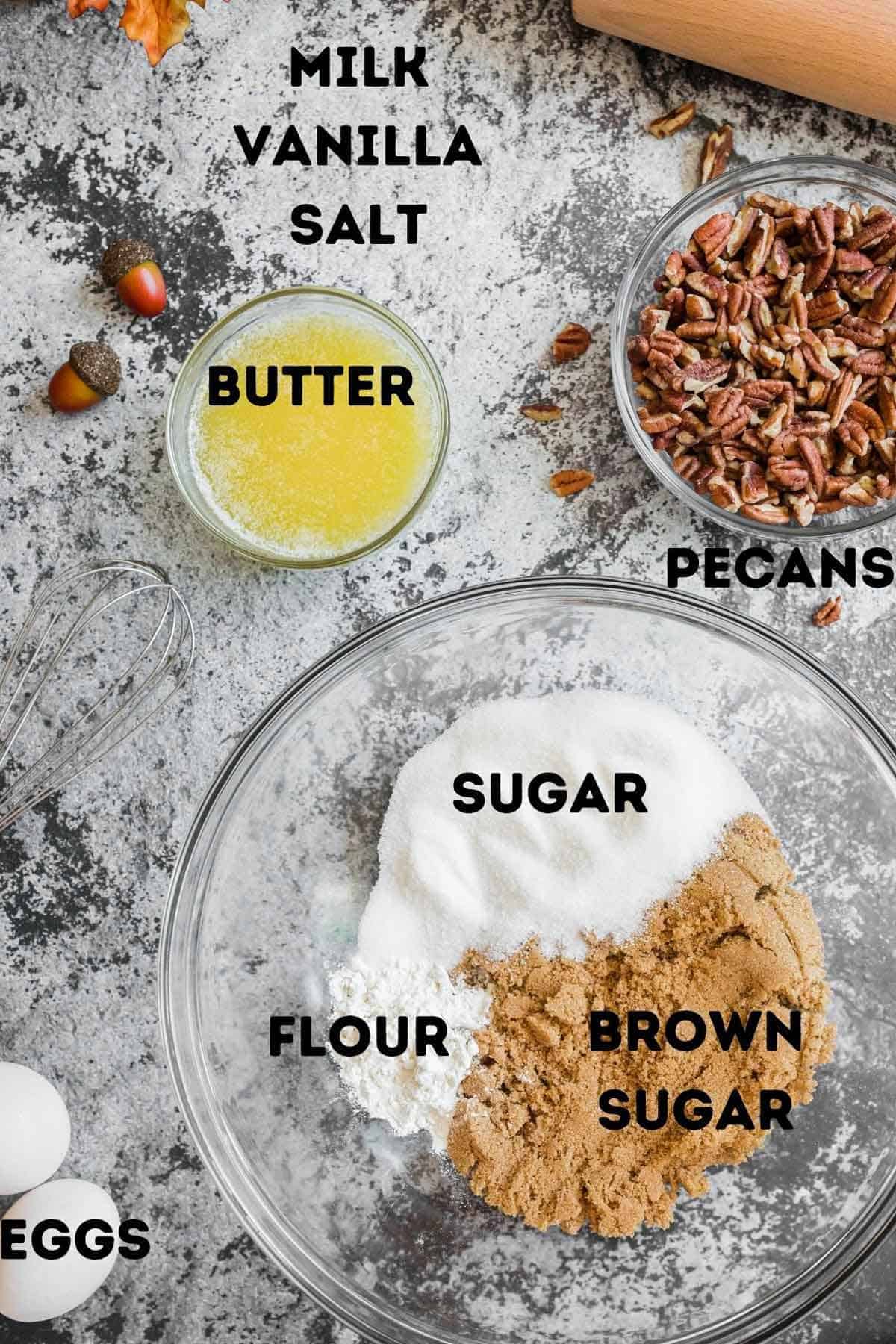 Homemade pecan pie ingredients Sugar, butter, and other ingredients to make homemade pecan pie.