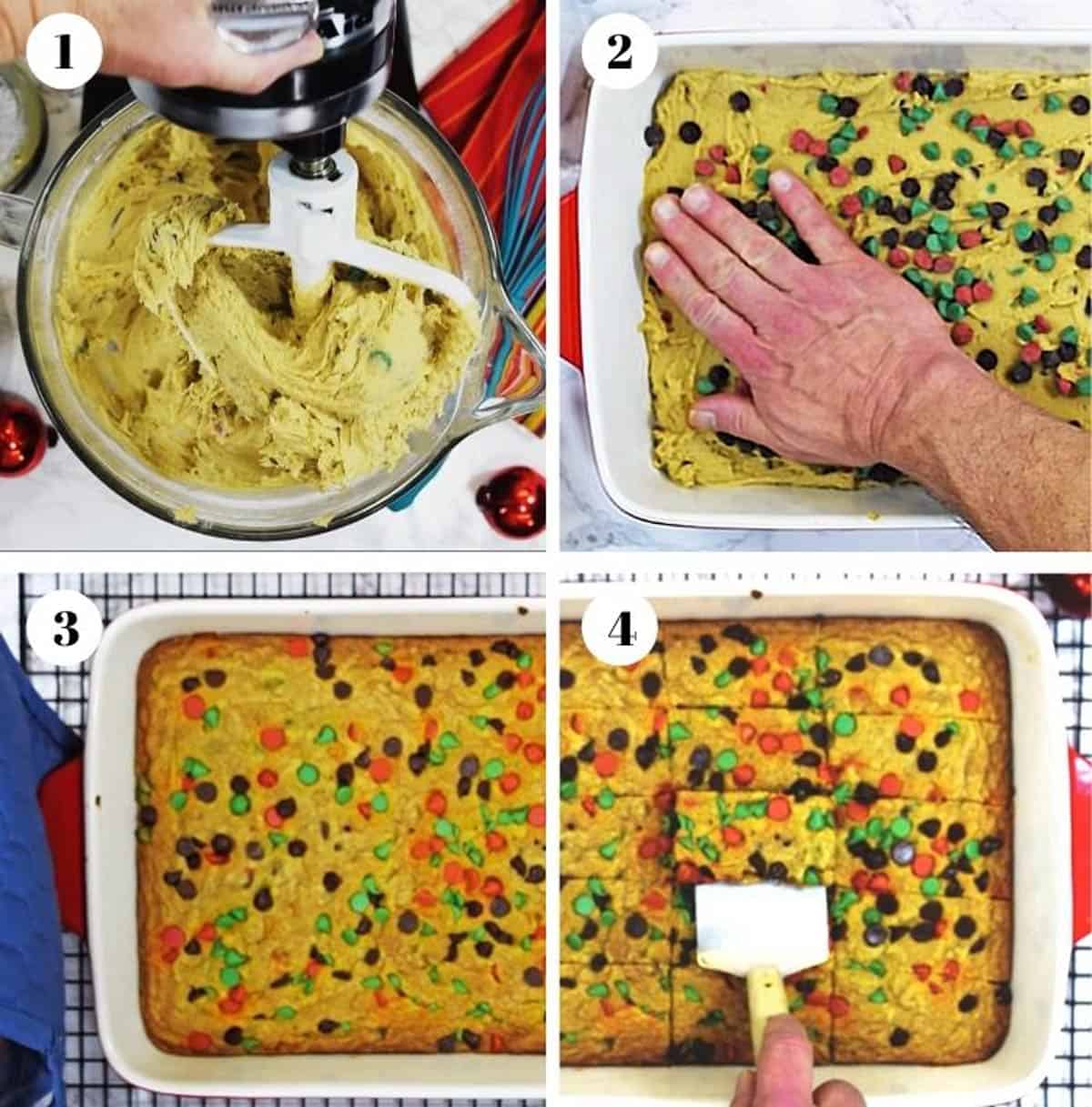 Making chocolate chip cookie bars. Mixing dough and baking it for chocolate chip cookie bars.