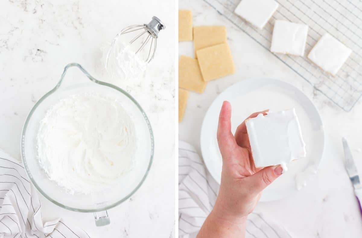 Making royal icing and spreading it on top of sugar cookies