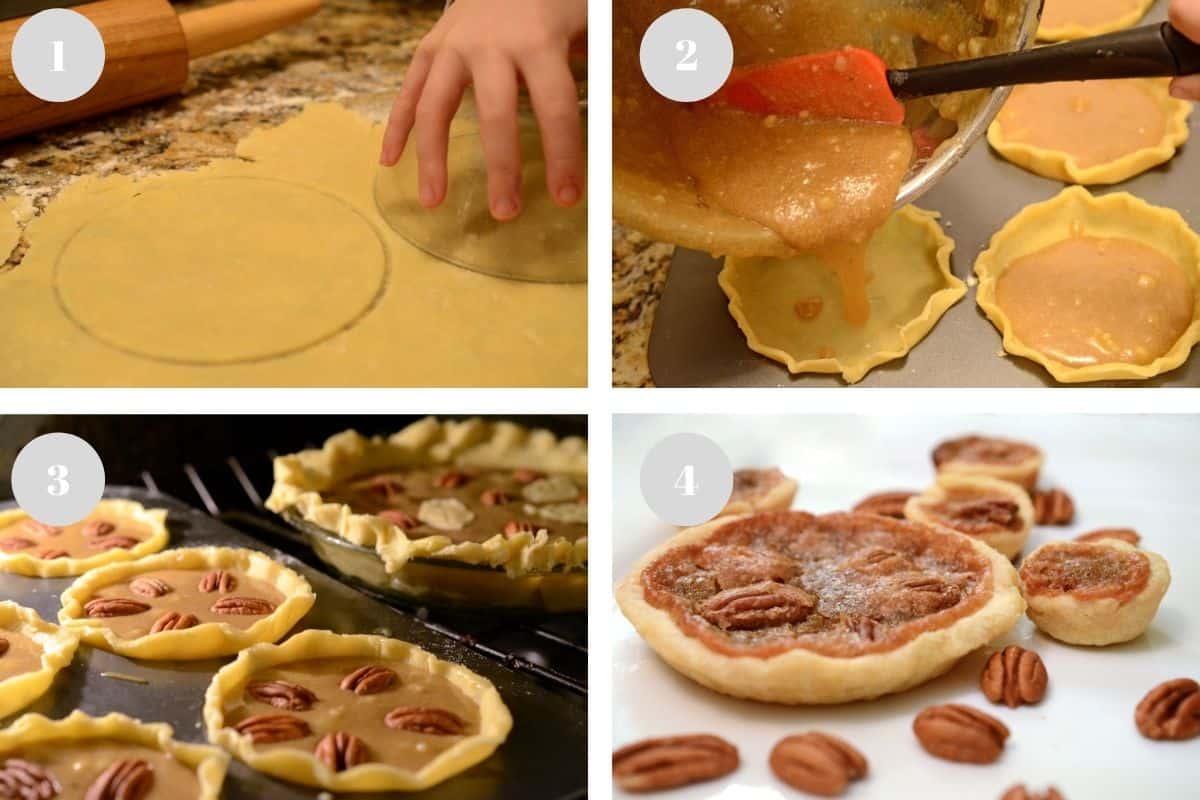 Rolling dough and adding filling to make mini pecan pies.