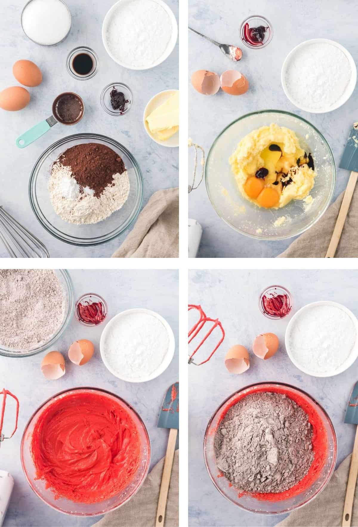 Process steps for making red velvet cookie dough Mixing ingredients to make a cookie dough.