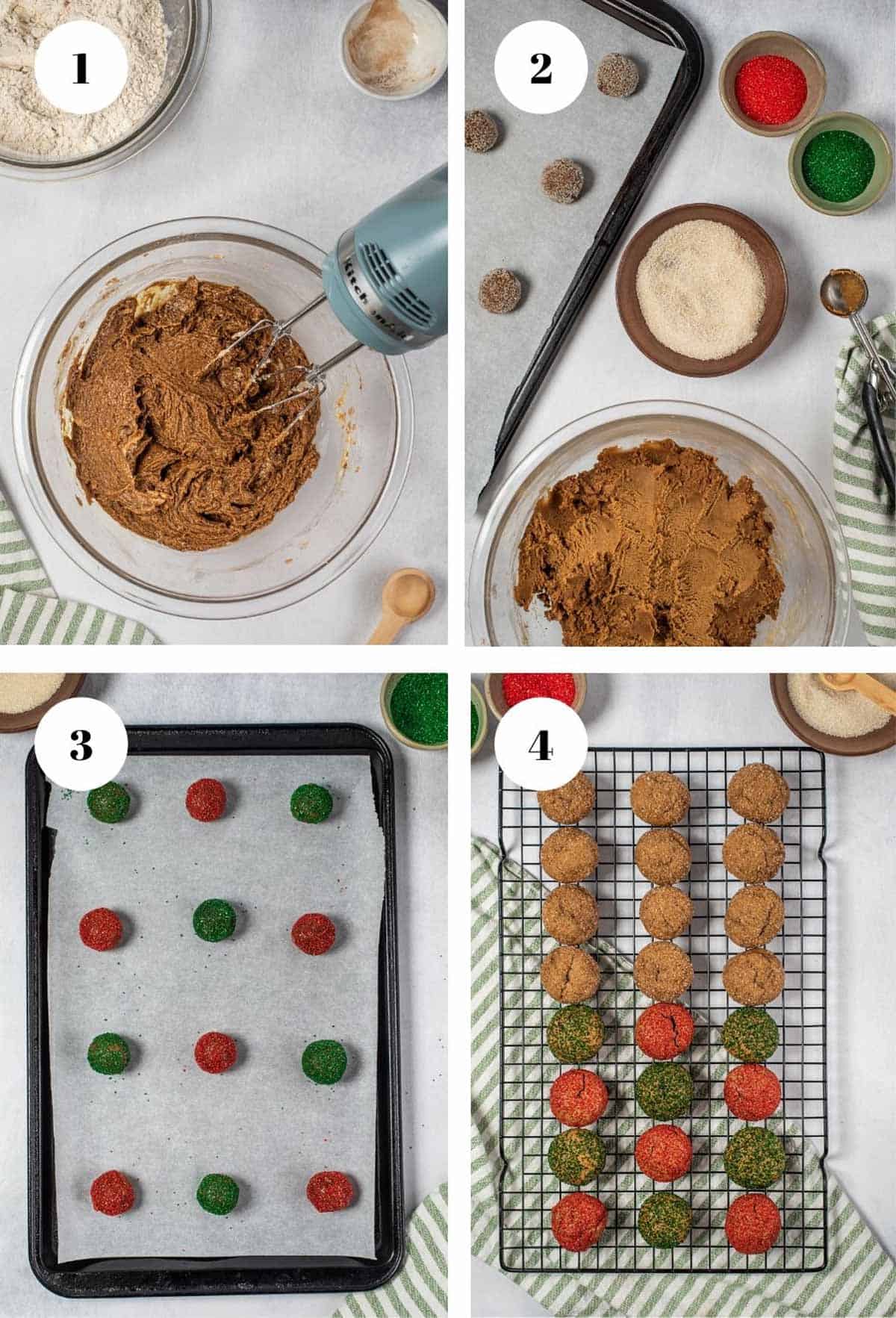 Mixing cookie dough and baking a batch of red, green, and brown cookies.