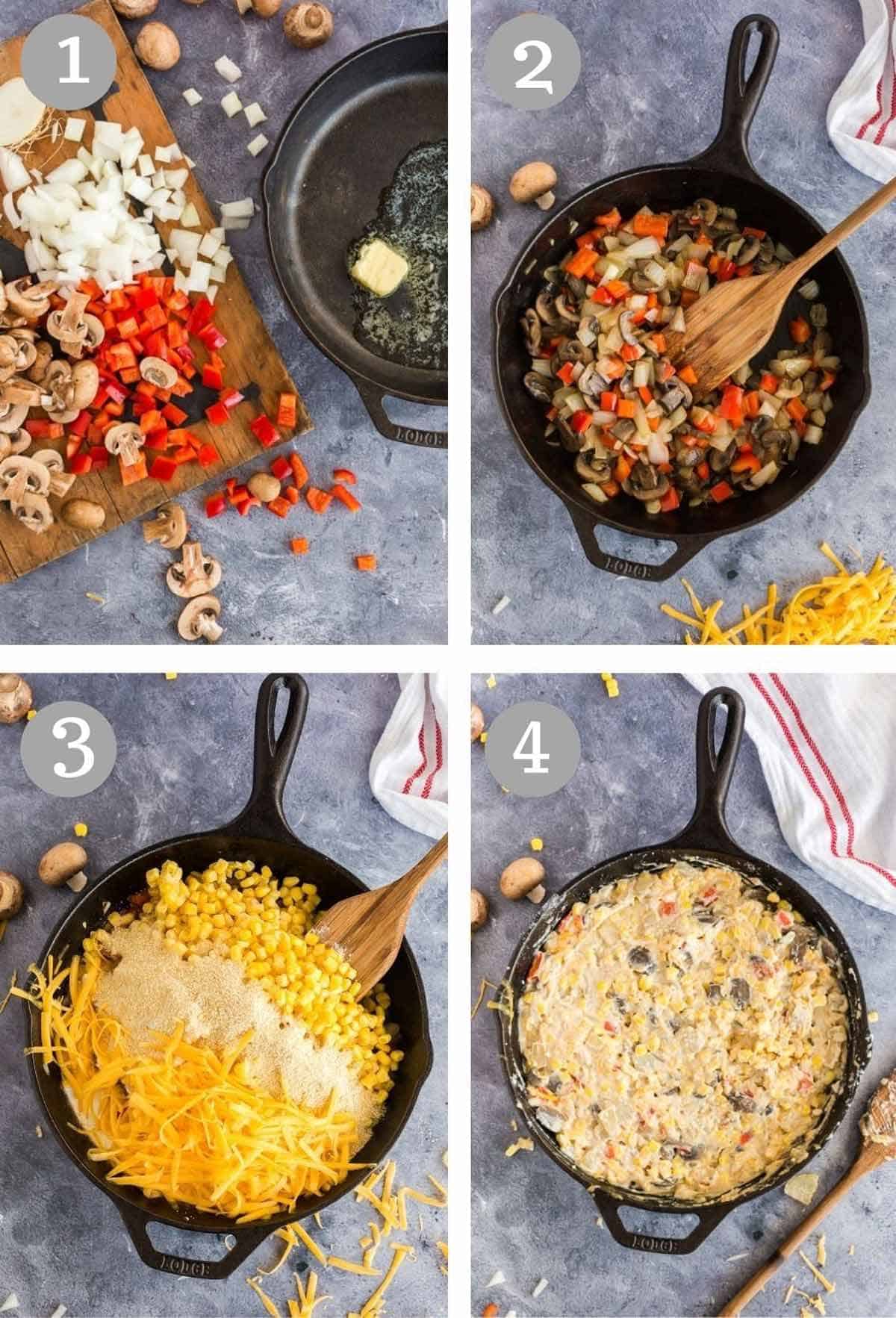 Vegetables and corn being mixed with shredded cheese in an iron skillet.