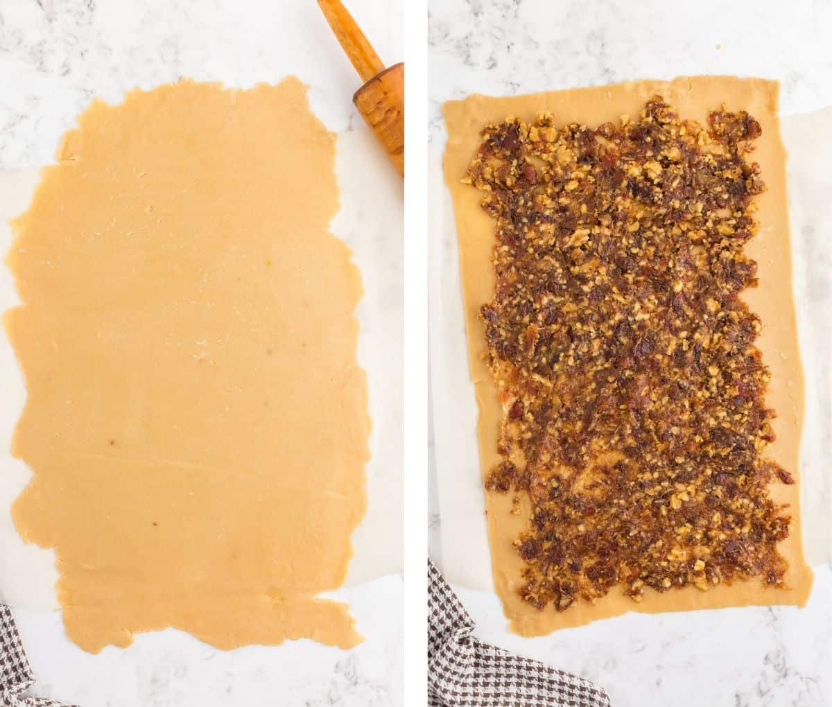 Rolling out cookie dough and adding the date compote Rolling out cookie dough and then adding a date and nut topping