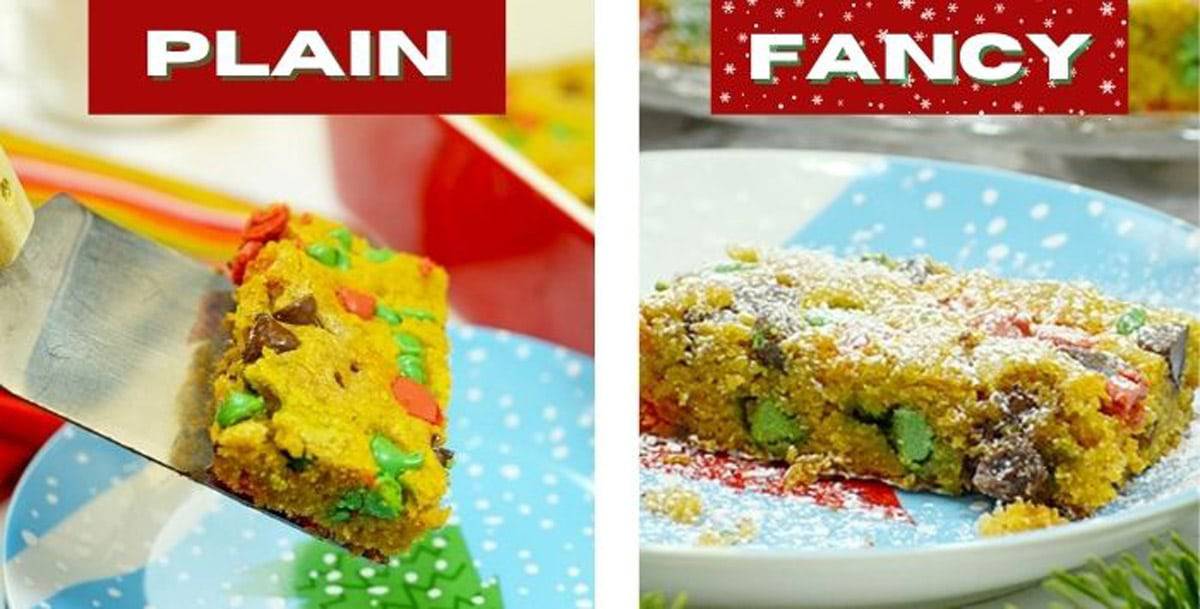 Adding powdered sugar to Christmas cookie bars. A Christmas cookie bar with and without powdered sugar.