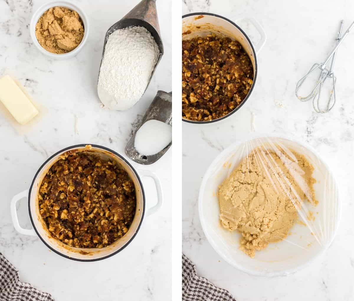 A bowl of ingredients for cookie filling and a bowl of cookie dough