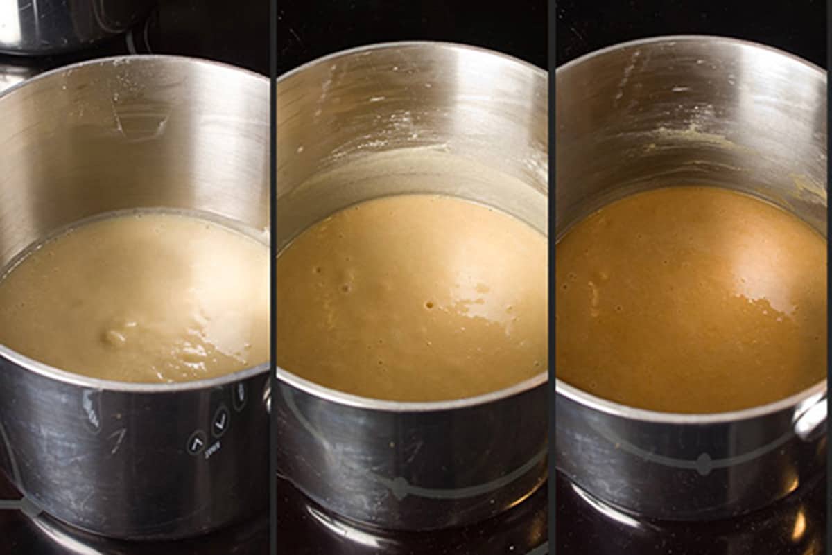 The diffent colors of roux. Three sauce pans of different colored roux.