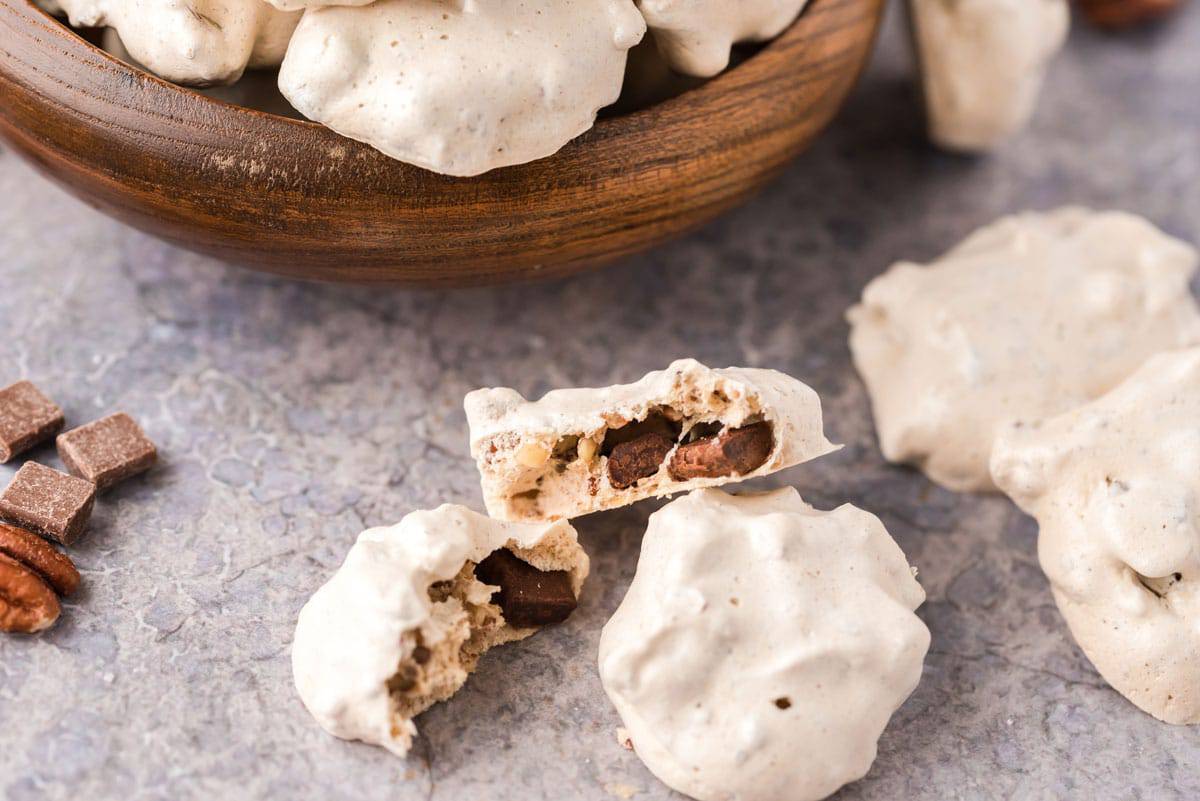 Chocolate chip meringue cookies. A chocolate chip meringue cookie split in half.