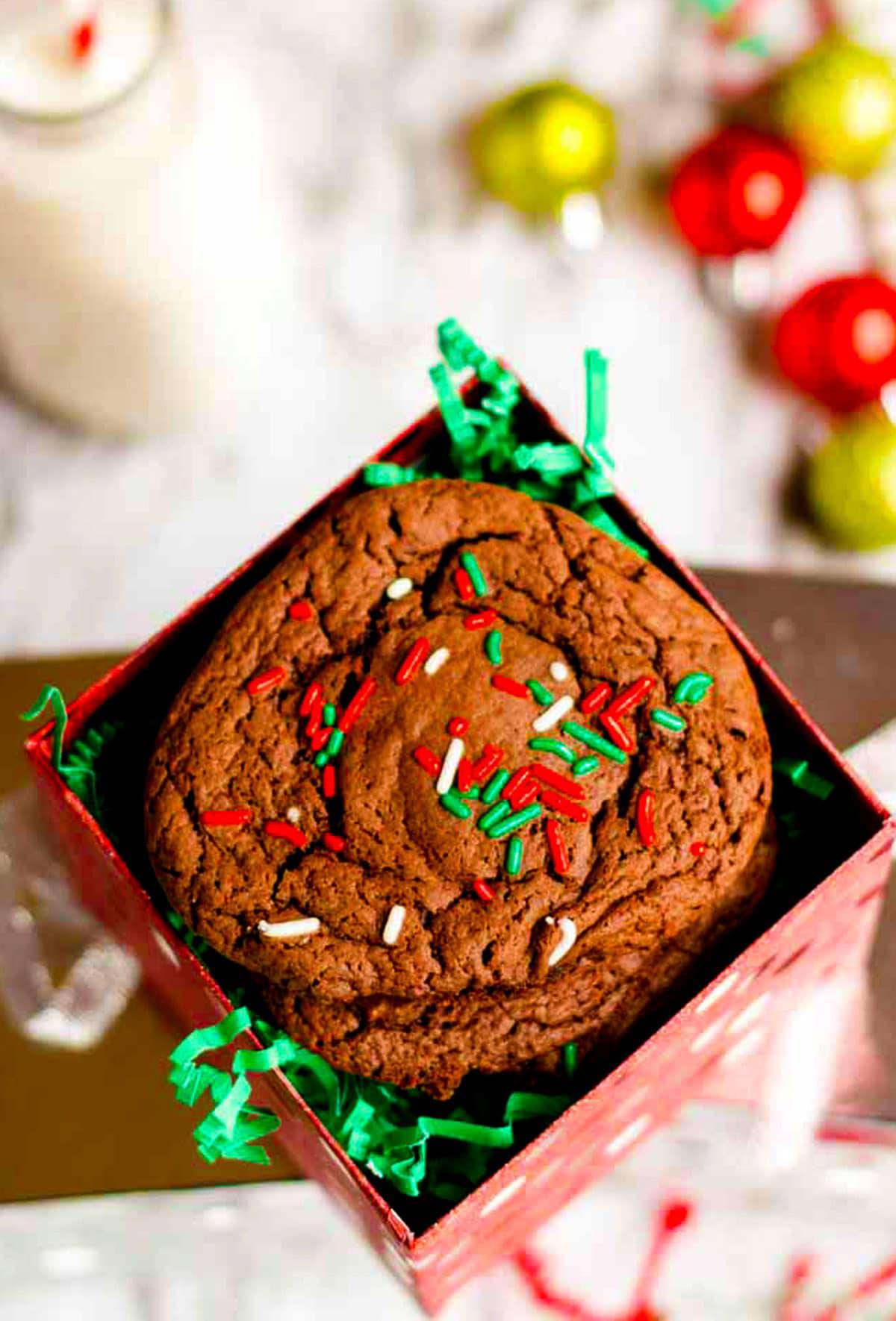 Chocolate cake mix cookies. Some chocolate cookies in a holiday gift bag.