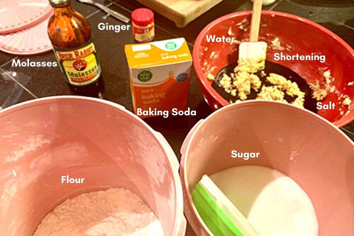 Flour, sugar, molasses, and other ingredients for making ginger cookies.