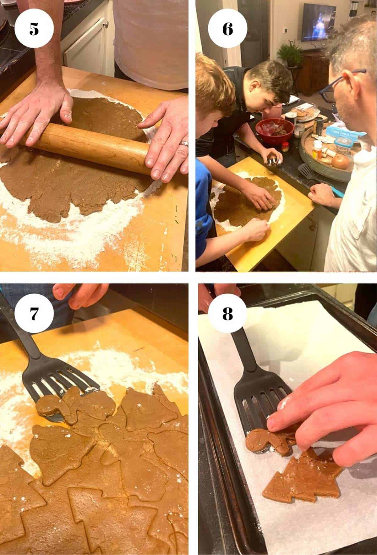 Rolling out cookie dough. Rolling out cookie dough and putting it on a baking sheet.