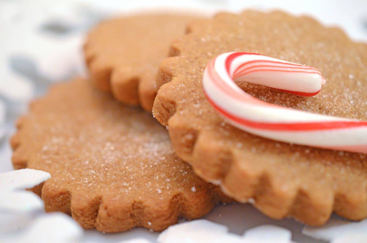 A trio of ginger cookies with a candy cane.