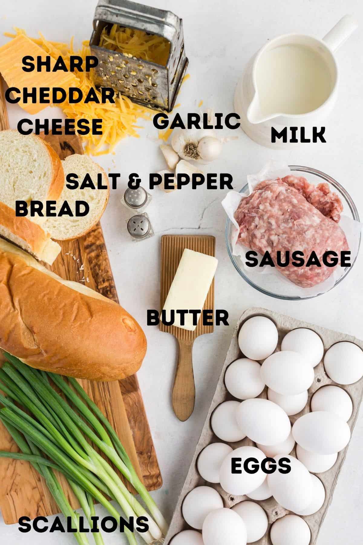 Ingredients for an egg and sausage Christmas breakfast casserole.