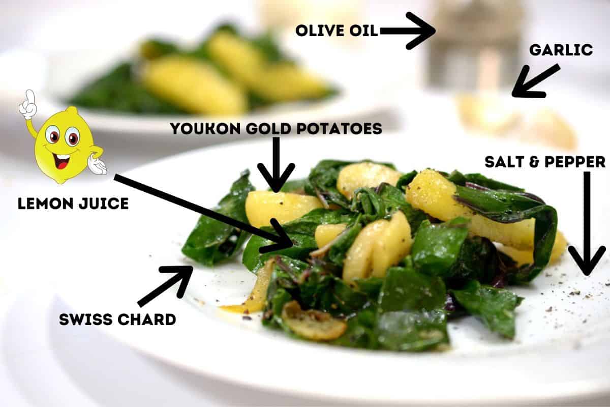 A plate of Blitva A plate of Swiss chard and potatoes with labeled ingredients for Blitva.