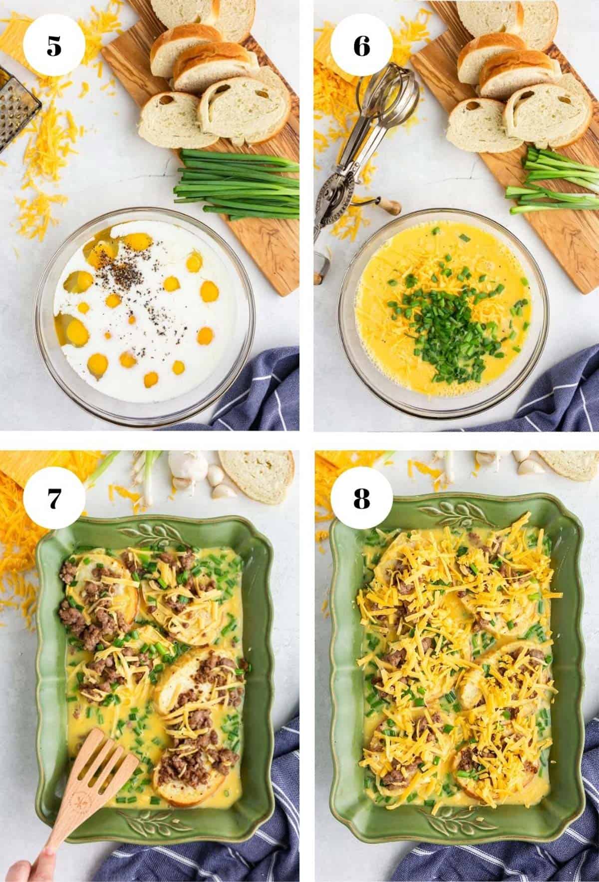 Adding eggs and cheese to a breakfast casserole. Mixing eggs and and adding to an overnight breakfast casserole.
