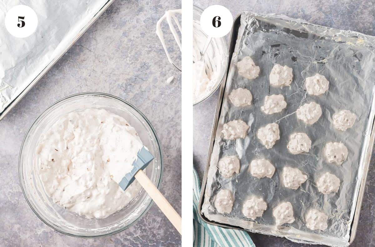 Making chocolate chip meringue cookies. Stirring and placing chocolate chip meringue cookies on a baking sheet.