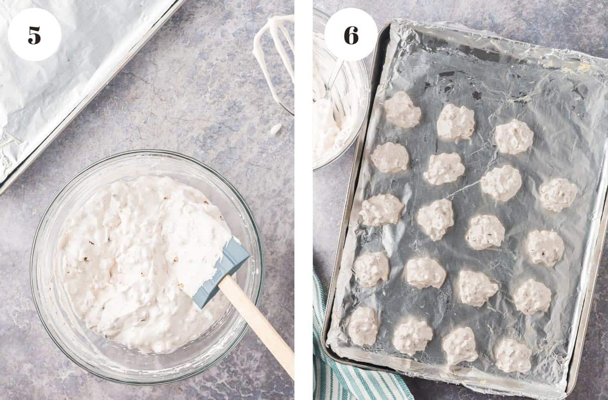 Stirring and placing chocolate chip meringue cookies on a baking sheet.