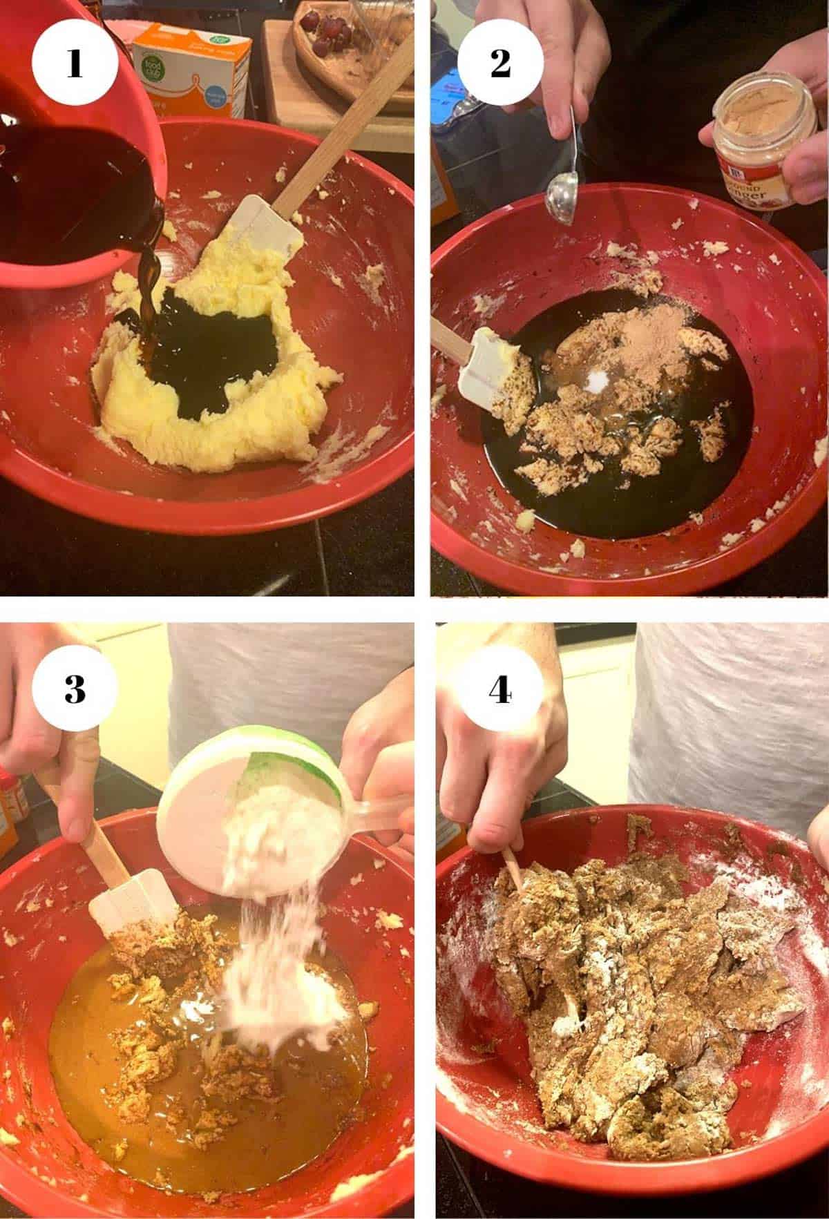 Making ginger cookies. Mixing cookie dough in a red mixing bowl.
