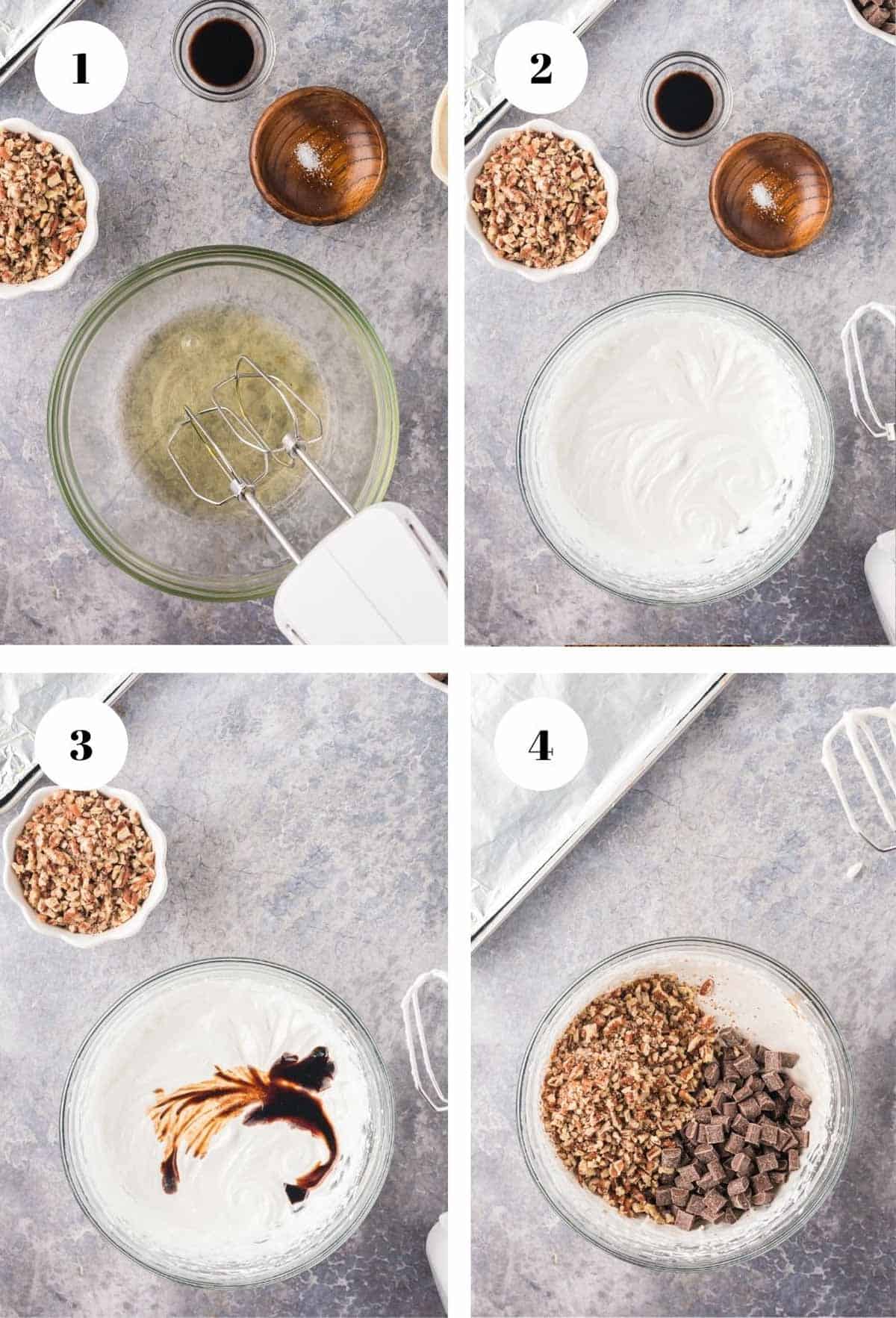 How to make egg white cookies. Adding ingredients to a mixing bowl for egg white cookies.