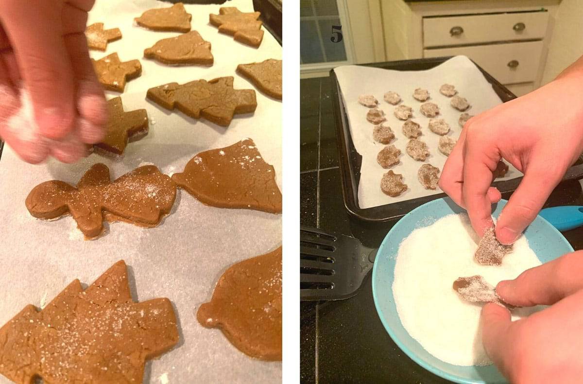 Sprinkling sugar on ginger cookies.