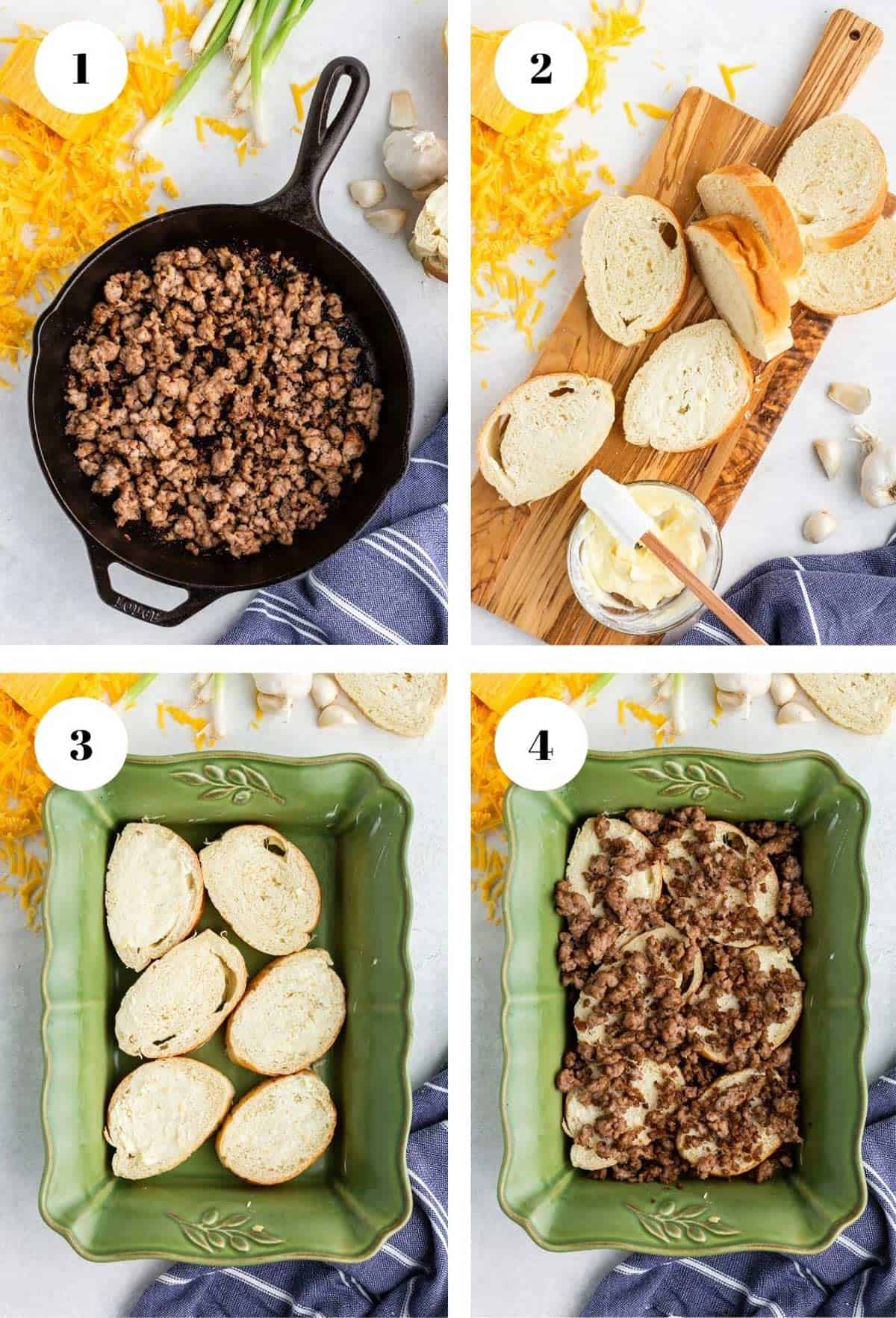 Browning sausage and slicing bread and layering it in a casserole pan.