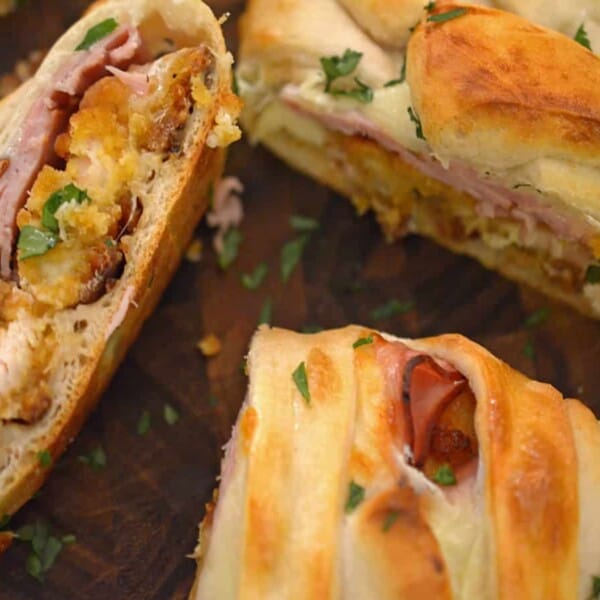 Pieces of stromboli on a cutting board