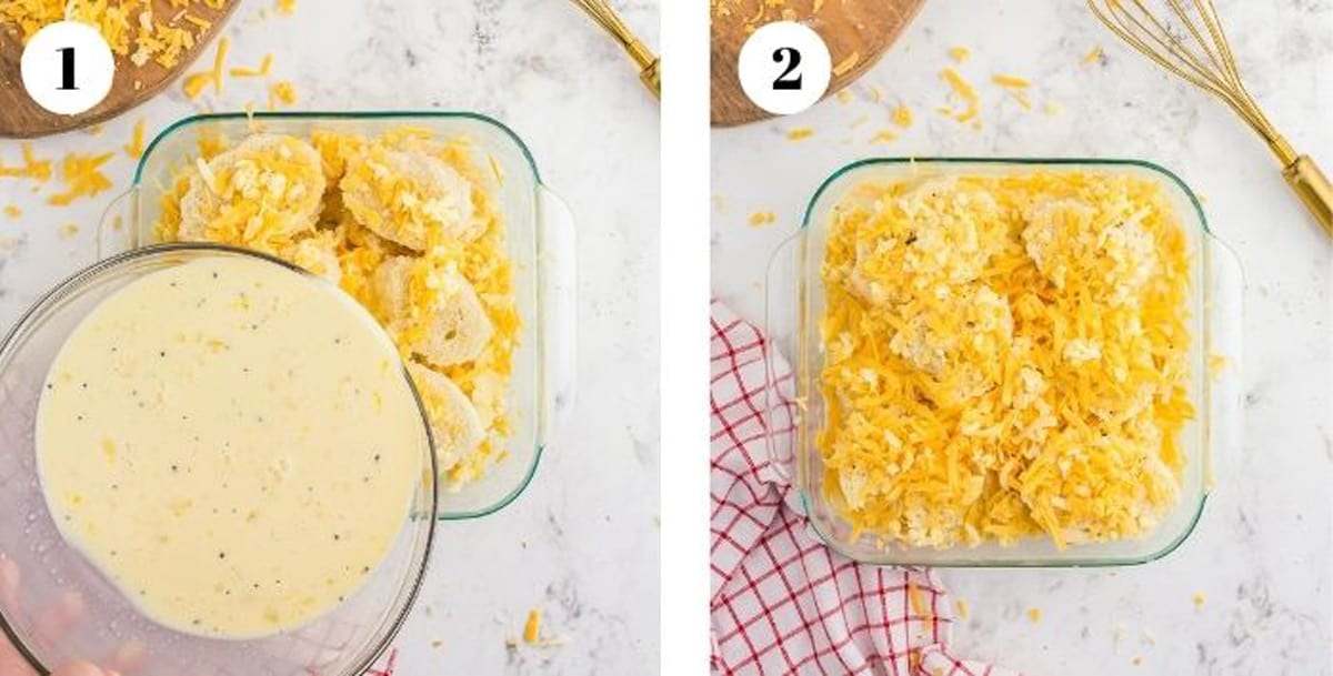 Pouring liquid over cheese covered bread.